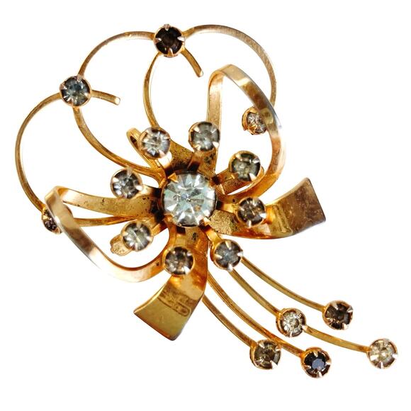 VTG 1940s Brooch Mid Century Gold Tone Ribbon Rhinestone Spray Jewelry - Picture 1 of 8